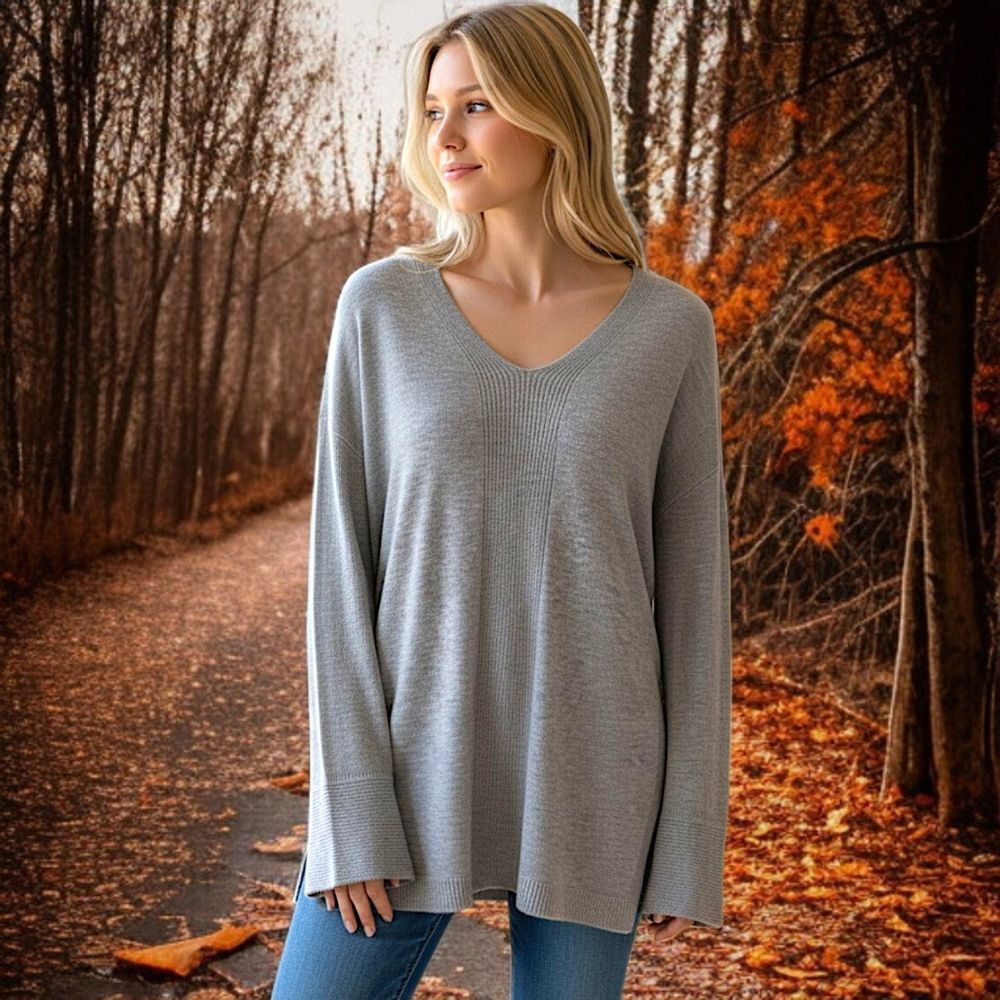 Joan Vass Cashmere Cozy Sweater M Relaxed Gray Bell Sleeves V Neck Quiet Luxury - Picture 14 of 16